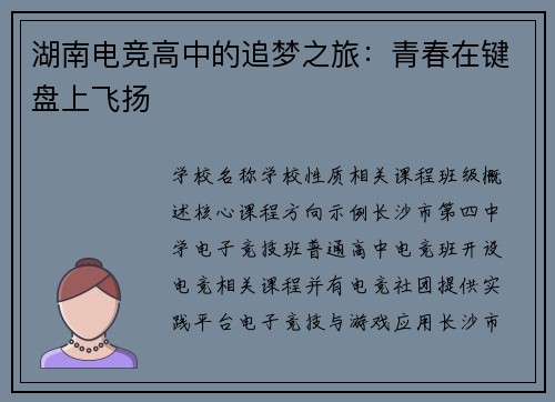 湖南电竞高中的追梦之旅：青春在键盘上飞扬